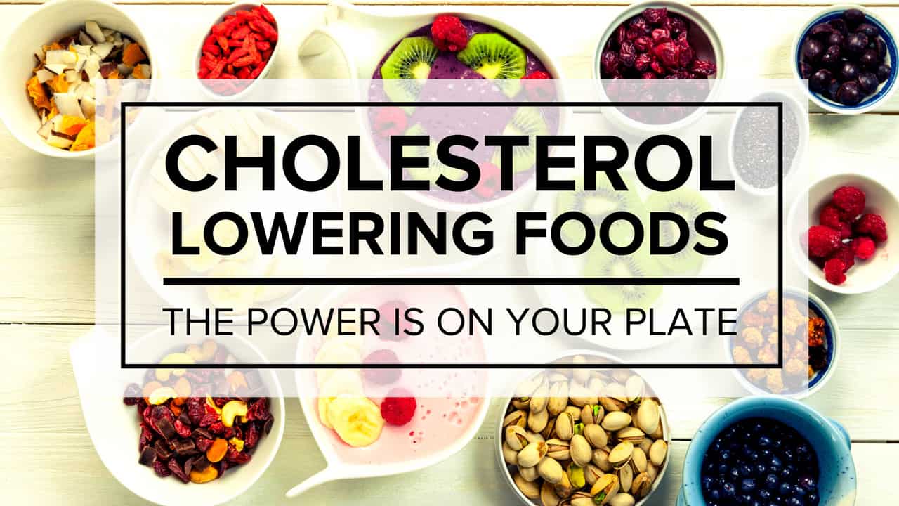 bowls filled with various foods and a title that reads "cholesterol lowering foods - the power is on your plate"