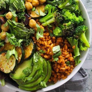 rice bowl loaded with green veggies