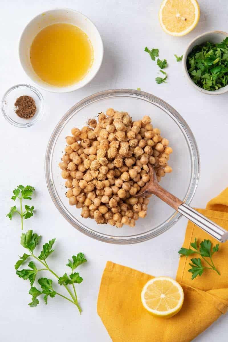 Eggplant & Crispy Chickpeas with Tahini Chickpeas