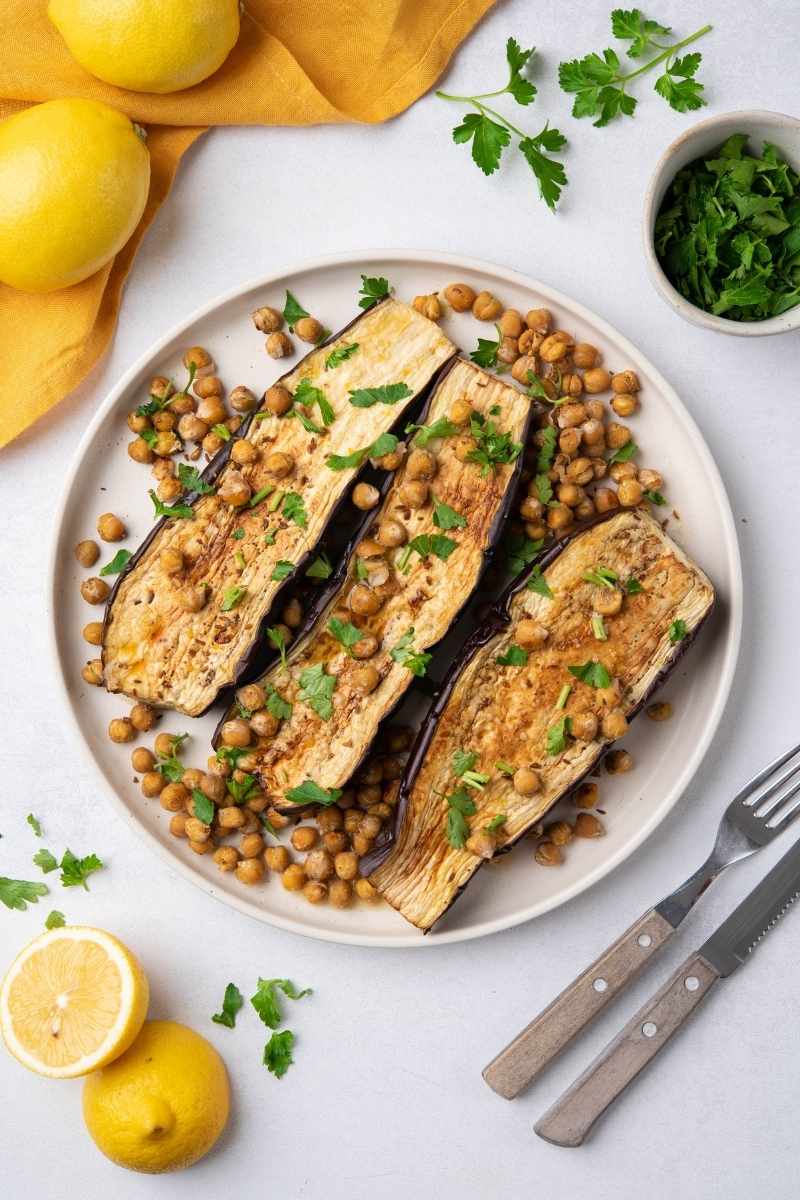 Eggplant & Crispy Chickpeas with Tahini Featured