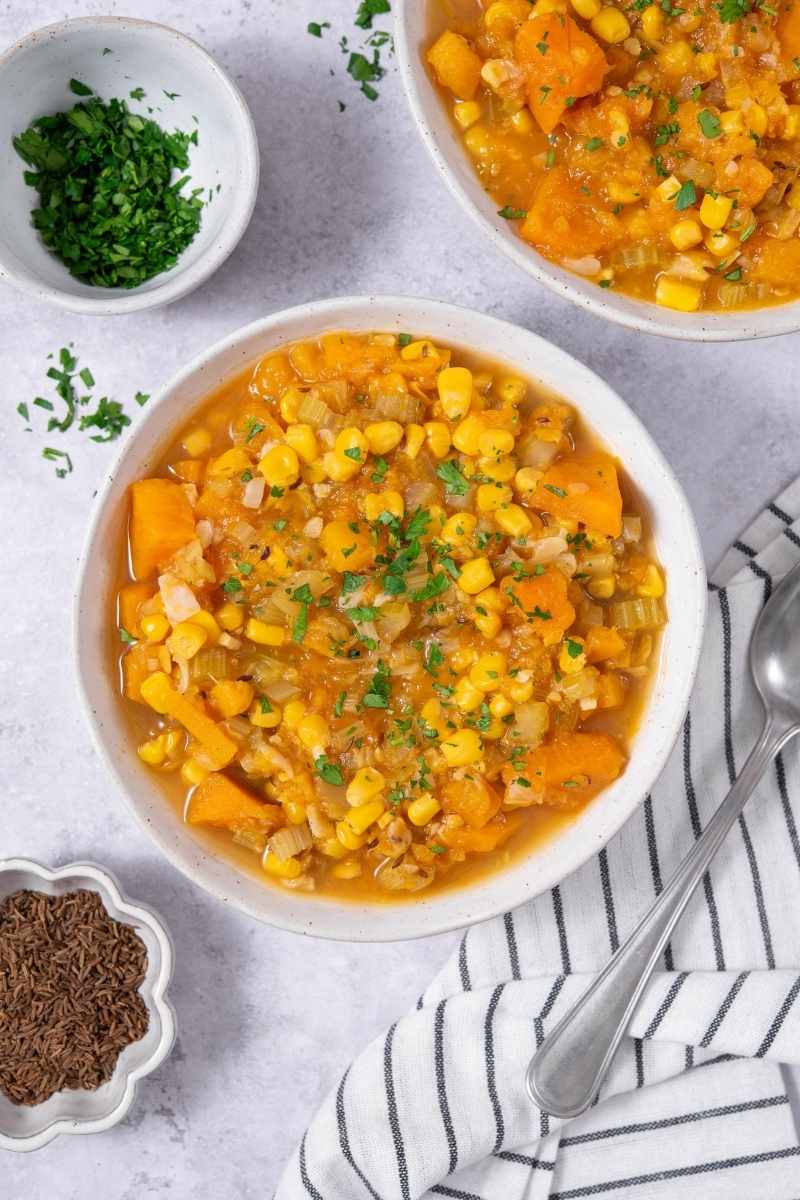 Squash, Sweet Potato, and Corn Chowder Featured