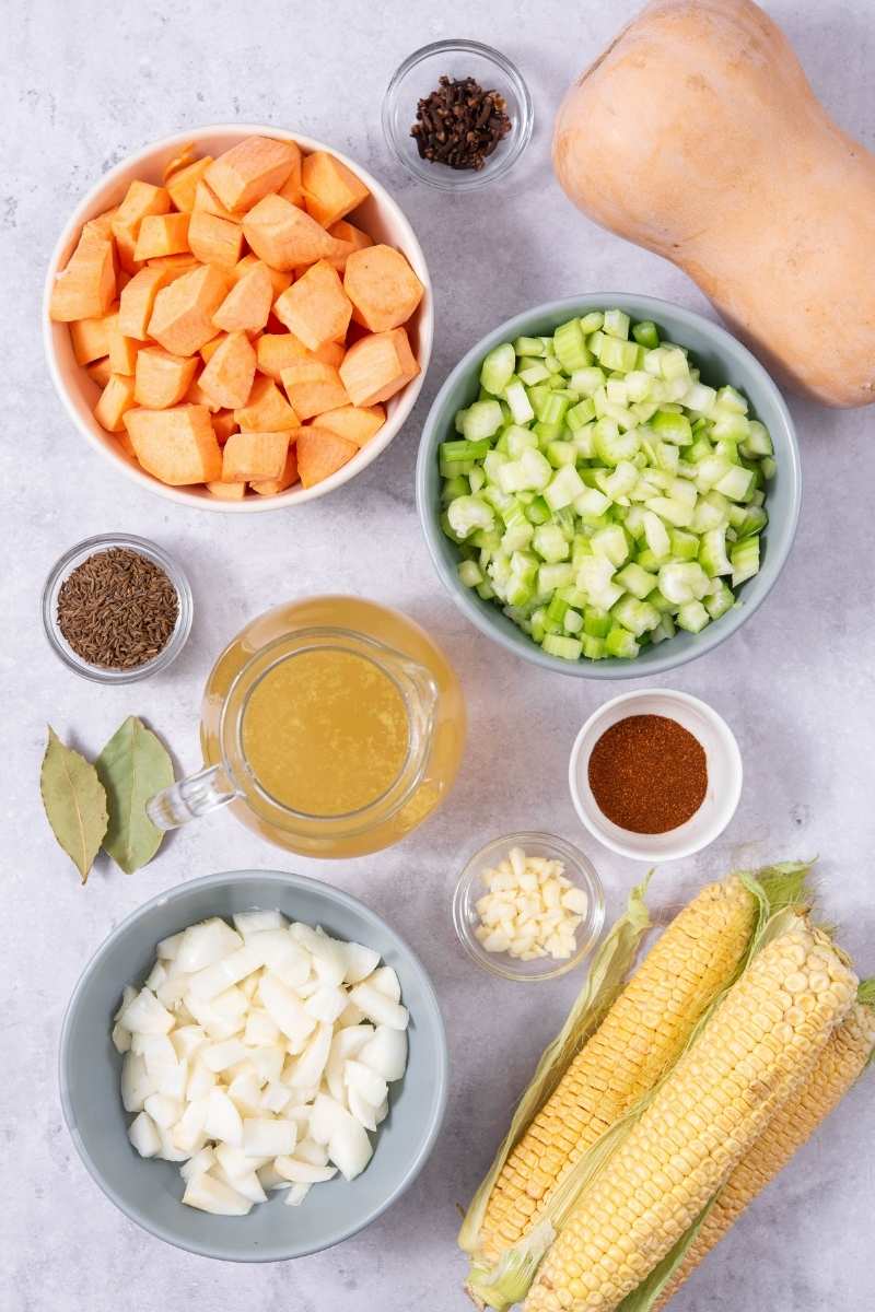 Squash, Sweet Potato, and Corn Chowder Ingredients