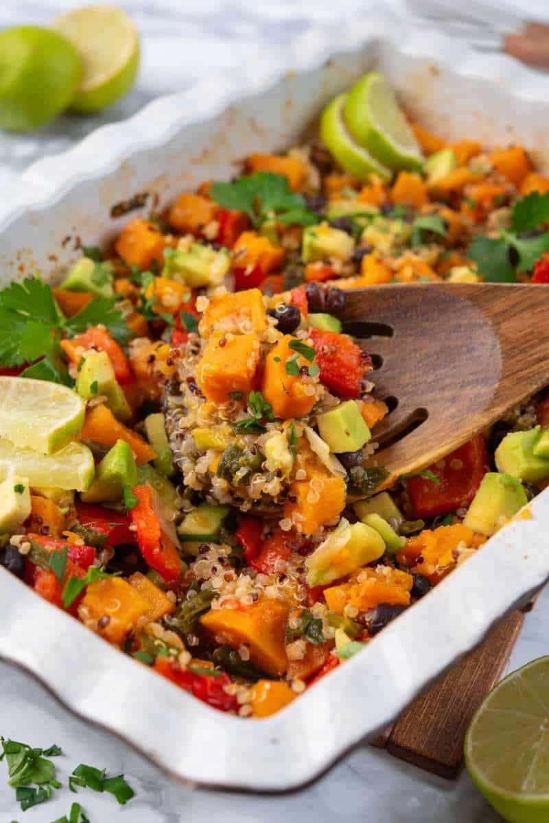 Sweet Potato Black Bean Quinoa Bake Baking Tray Serving