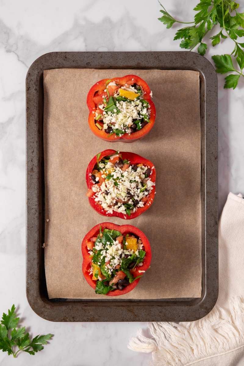 Stuffed Bell Peppers with Black Beans and Cauliflower Baking Tray