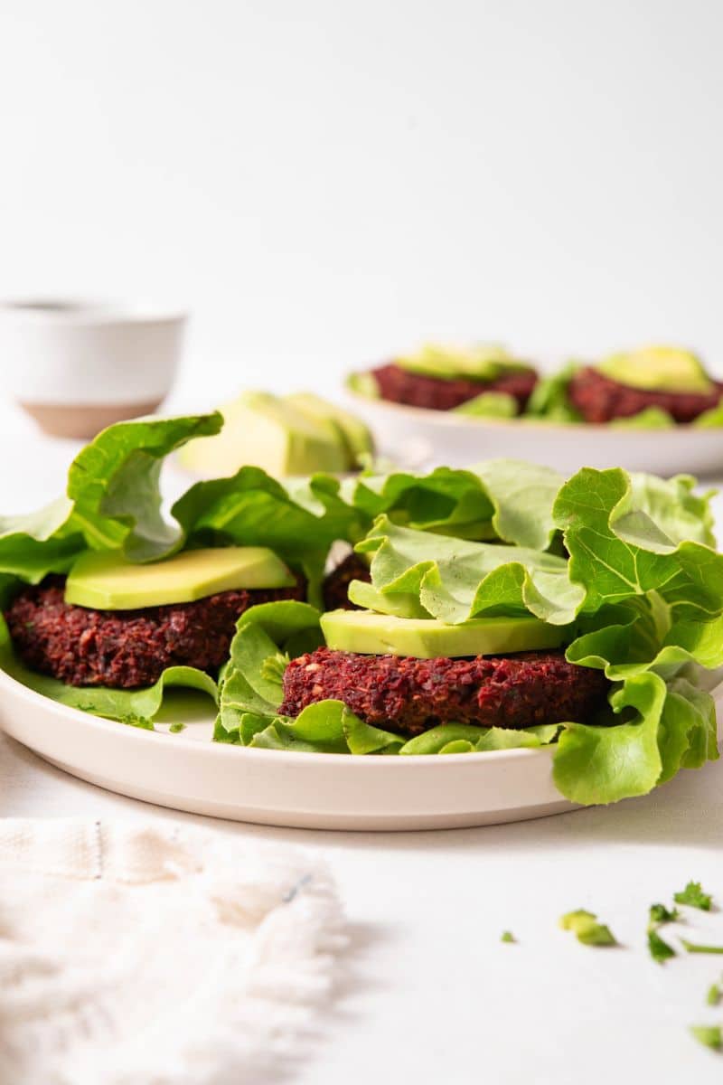 Lettuce Wrap Lentil Beet Burgers Plate