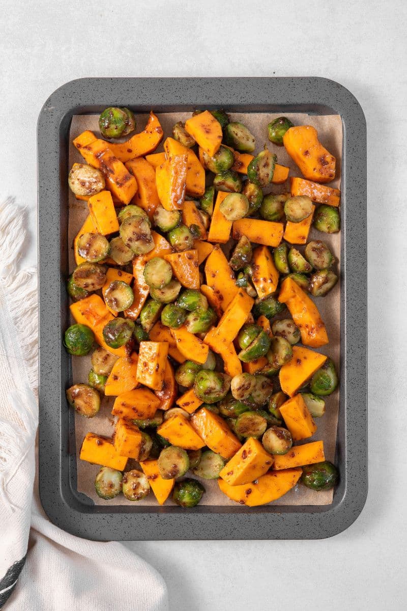 Maple Dijon Brussels Sprouts & Squash Baked Vegetables
